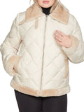 Beige Shearling Leather Puffer Jacket for Women