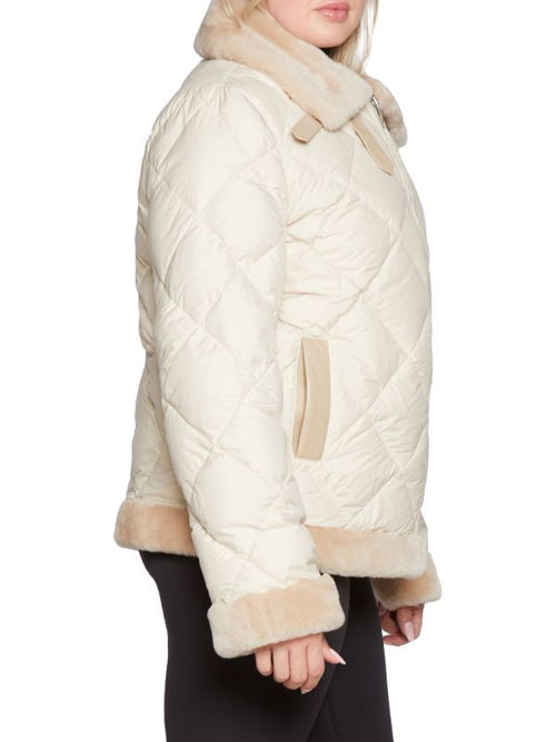 Beige Shearling Leather Puffer Jacket for Women
