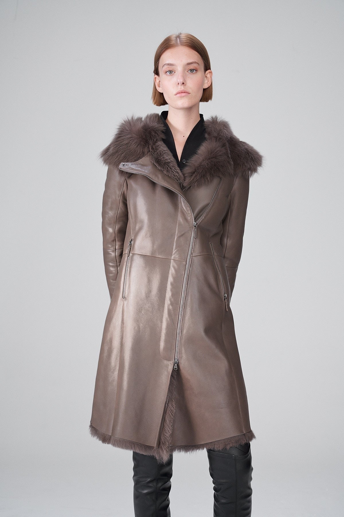 Women's Dark Brown Shearling Leather Trench Coat – Warm & Elegant