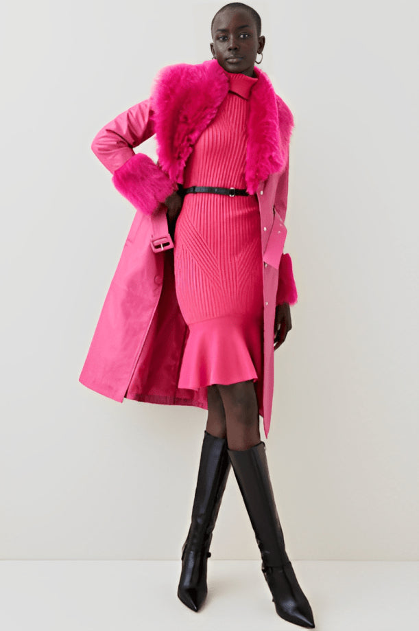 Women's Pink Shearling Leather Trench Coat – Chic & Cozy Outerwear