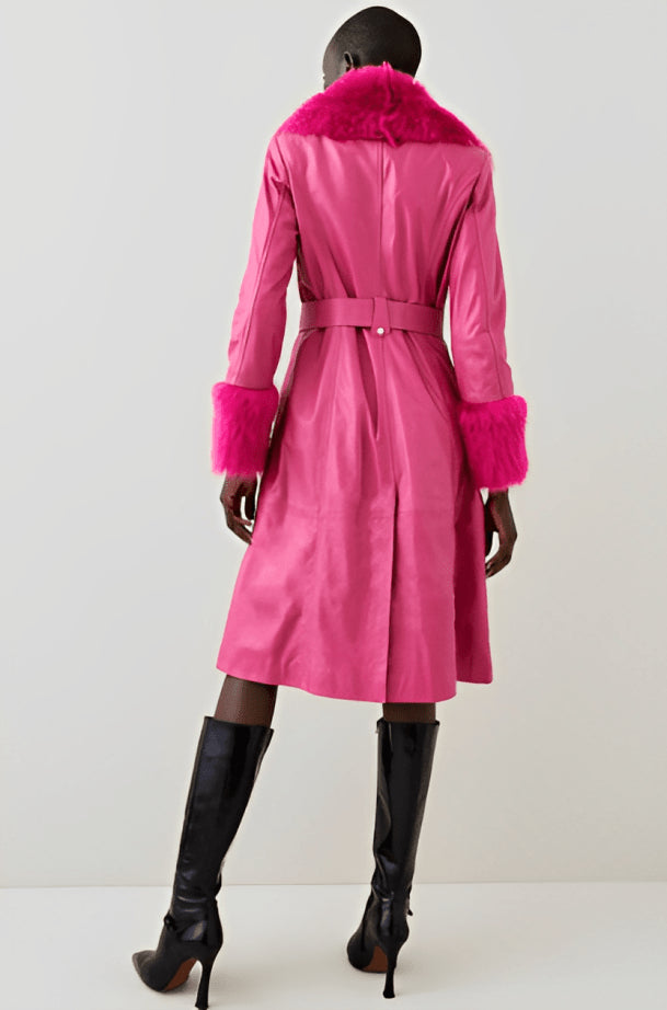 Women's Pink Shearling Leather Trench Coat – Chic & Cozy Outerwear
