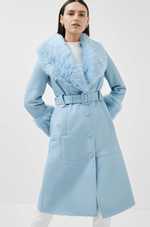 Seren's Sky Blue Shearling Leather Trench Coat