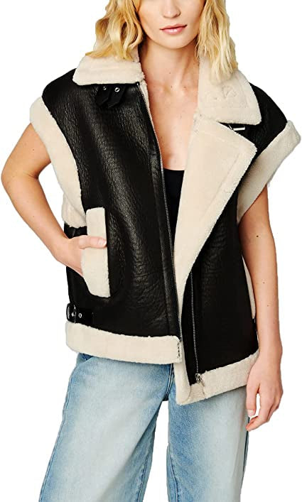 Black Shearling Leather Vest for Women
