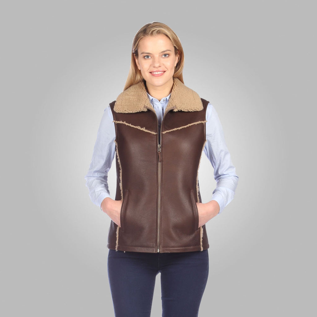 Chocolate Brown Shearling Leather Vest for Women