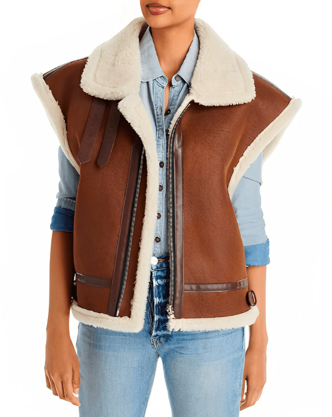 Dark Brown Shearling Leather Vest for Women