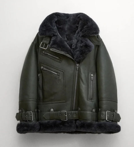 Women's Khaki Sheepskin Bomber Biker Leather Jacket – Stylish & Warm