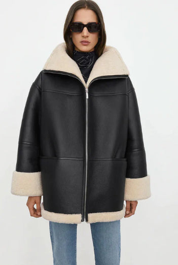 Women's Black Sheepskin Bomber Leather Jacket – Classic & Warm