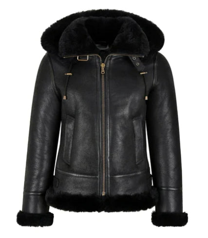 Women's Black Sheepskin Bomber Leather Jacket with Hood