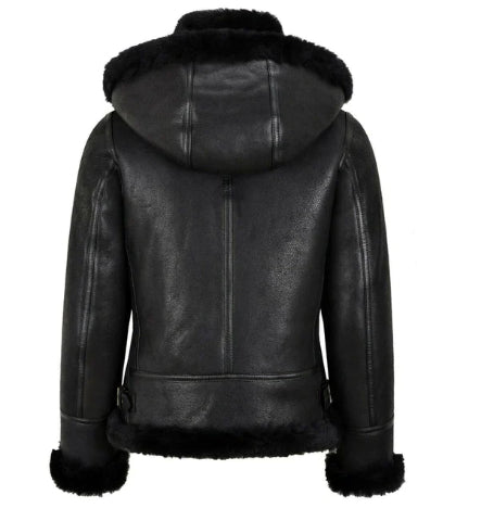 Women's Black Sheepskin Bomber Leather Jacket with Hood