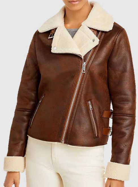 Women's Brown Sheepskin Bomber Leather Jacket – Warm & Timeless
