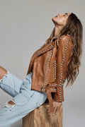 Brown Studded Biker Leather Jacket for Women