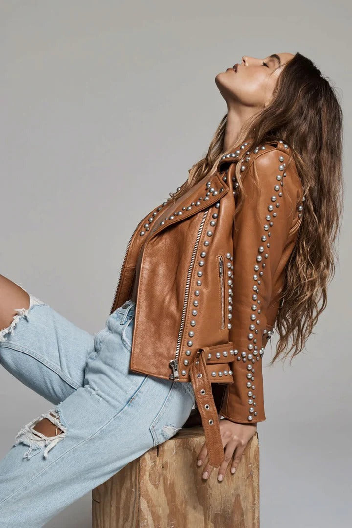 Brown Studded Biker Leather Jacket for Women