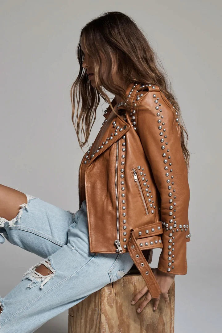 Brown Studded Biker Leather Jacket for Women