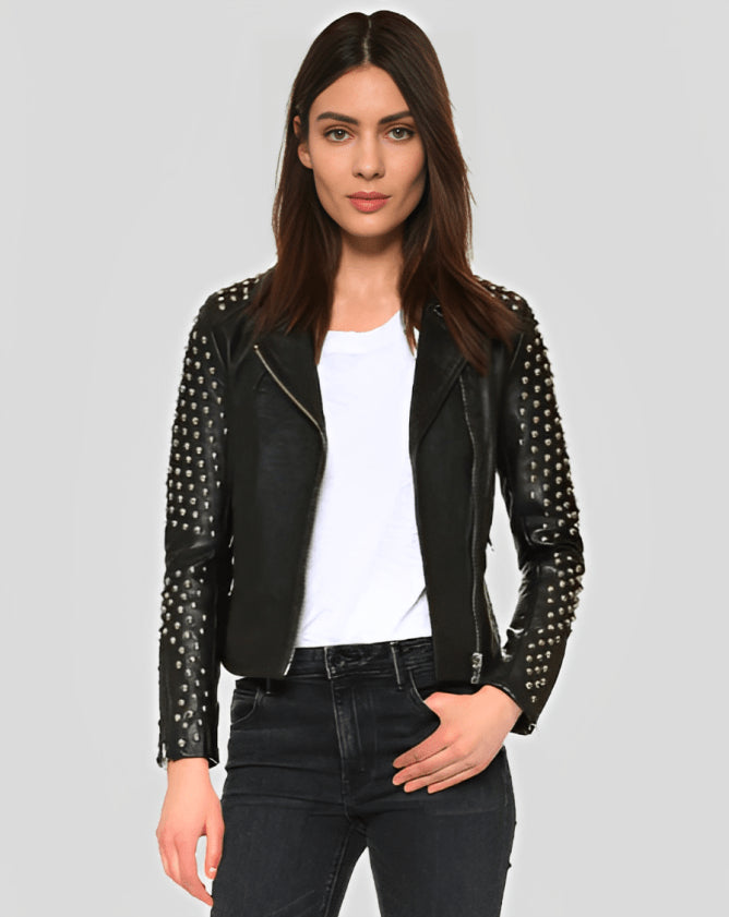 Rebel Edge Women's Studded Black Leather Biker Jacket