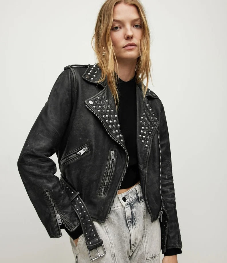Black Studded Distressed Leather Jacket for Women