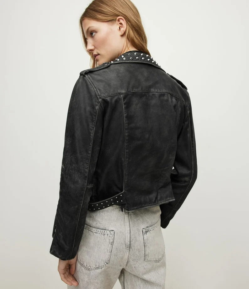 Black Studded Distressed Leather Jacket for Women
