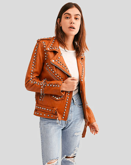 Tan Brown Studded Leather Biker Jacket for Women