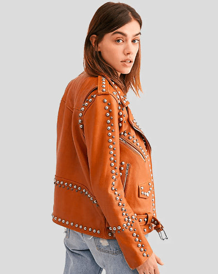 Tan Brown Studded Leather Biker Jacket for Women