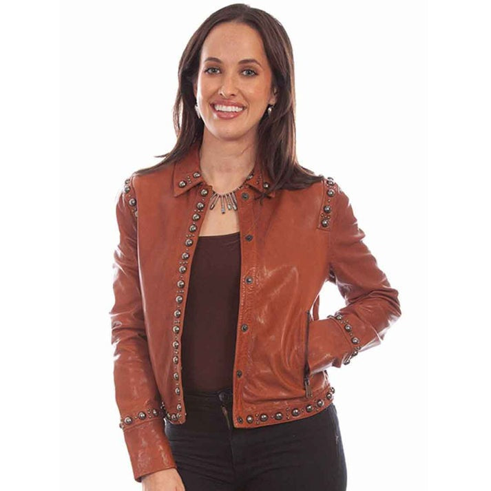 Women's Dark Brown Studded Leather Jacket – Edgy & Stylish