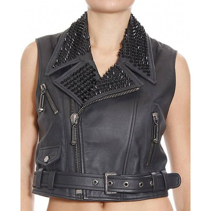 Black Studded Leather Vest for Women