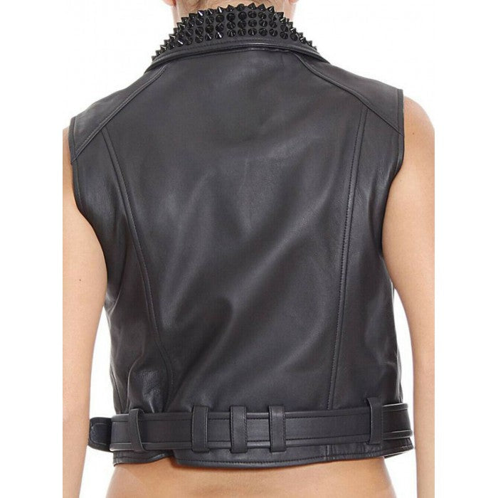Black Studded Leather Vest for Women