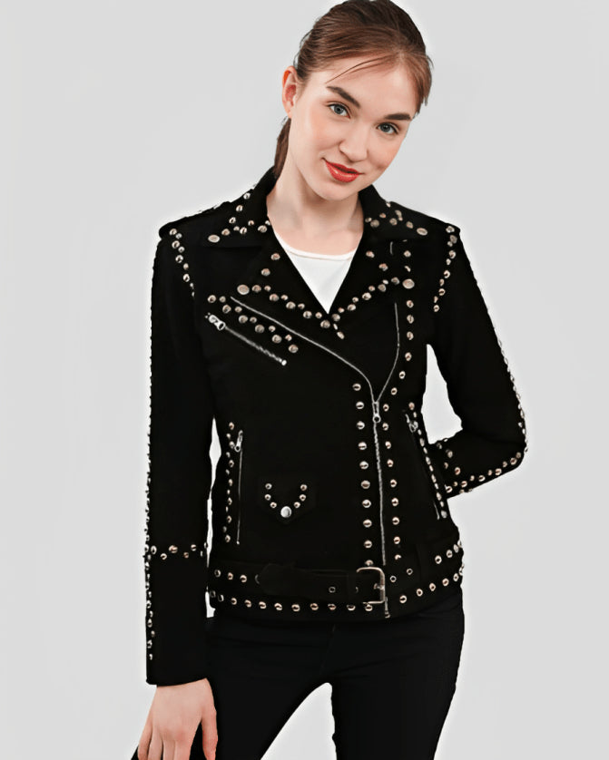 Women's Black Studded Suede Biker Jacket – Chic & Edgy