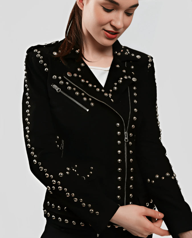 Women's Black Studded Suede Biker Jacket – Chic & Edgy