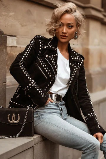 Women's Black Studded Suede Leather Biker Jacket with Belted Waist