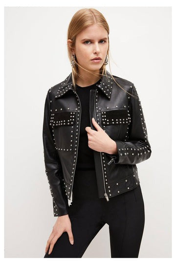 Women's Studded Black Trucker Leather Jacket
