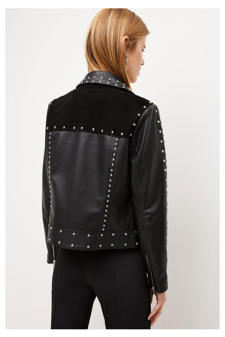 Women's Studded Black Trucker Leather Jacket