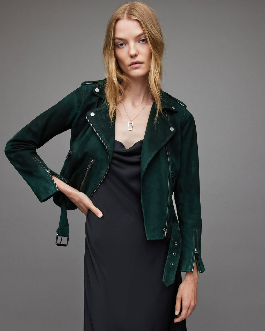 Women's Royal Green Suede Leather Biker Jacket with Belt