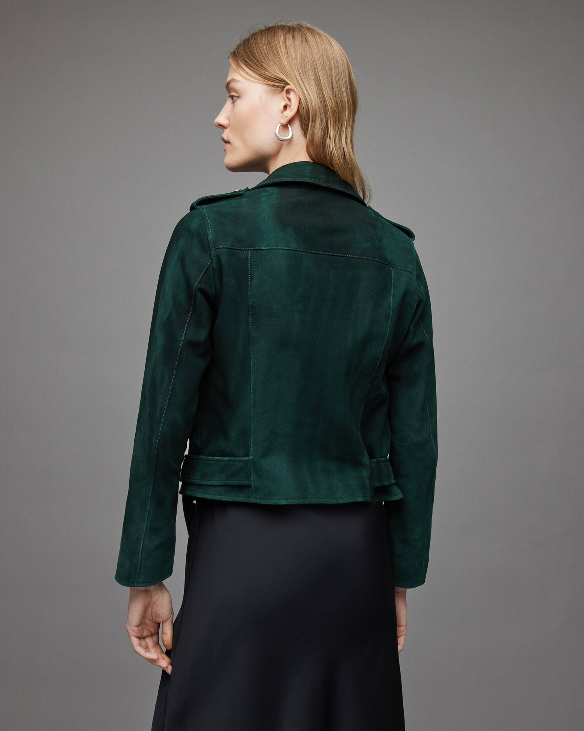 Women's Royal Green Suede Leather Biker Jacket with Belt