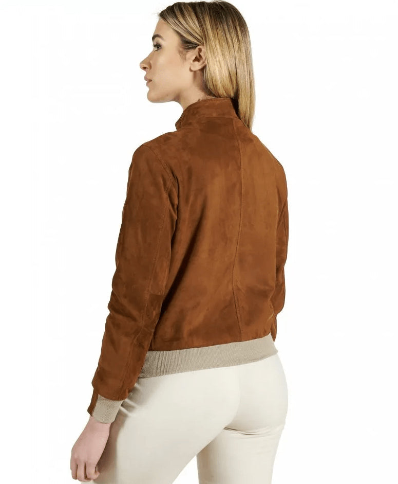 Women's Dark Brown Suede Bomber Jacket – Classic & Trendy