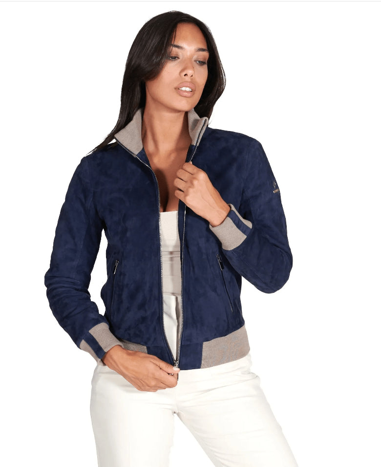Royal Blue Suede Bomber Jacket for Women