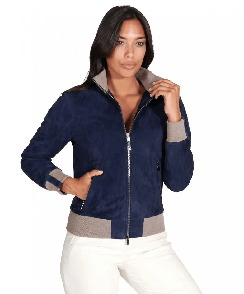 Royal Blue Suede Bomber Jacket for Women