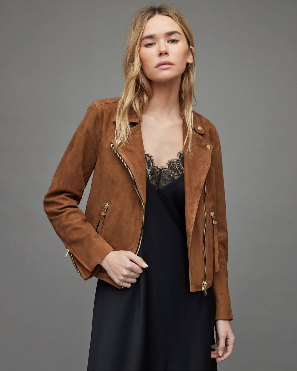 Tan Brown Women's Suede Leather Biker Jacket