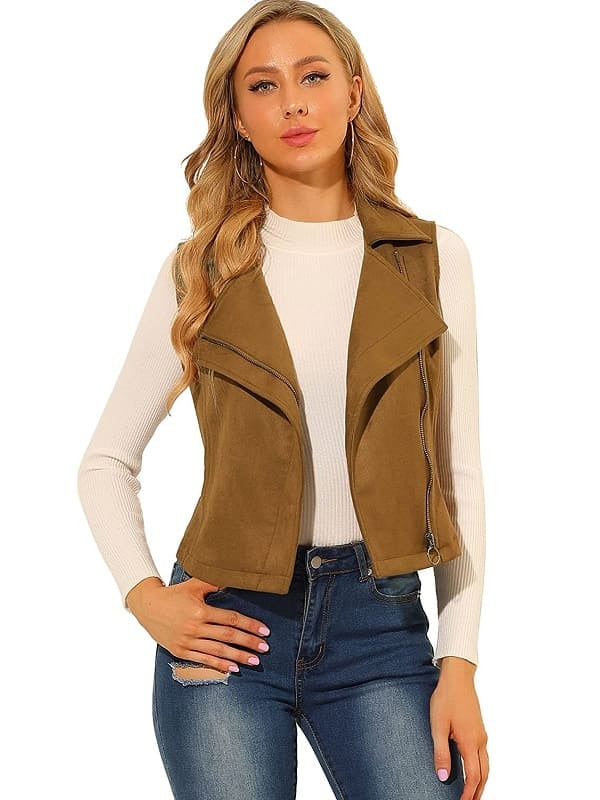 Tan Brown Suede Leather Biker Vest for Women