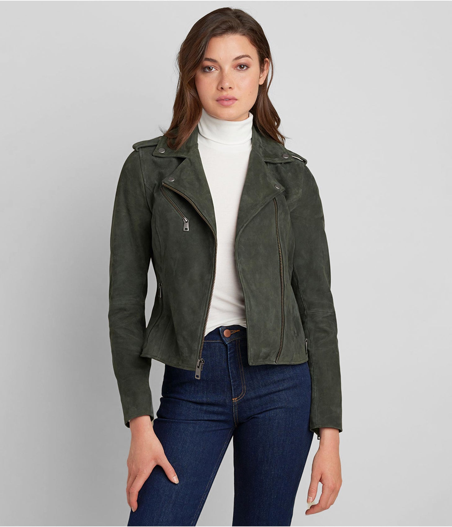 Women's Olive Suede Leather Moto Jacket – Stylish & Soft