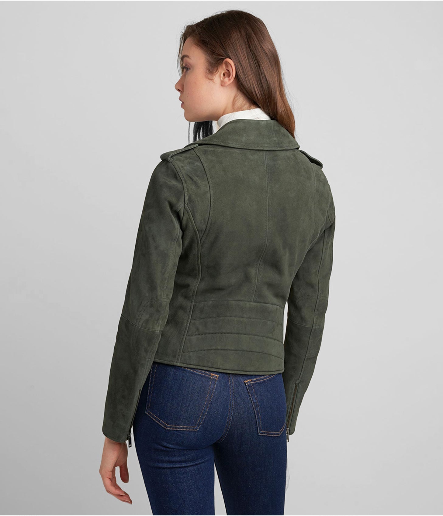 Women's Olive Suede Leather Moto Jacket – Stylish & Soft