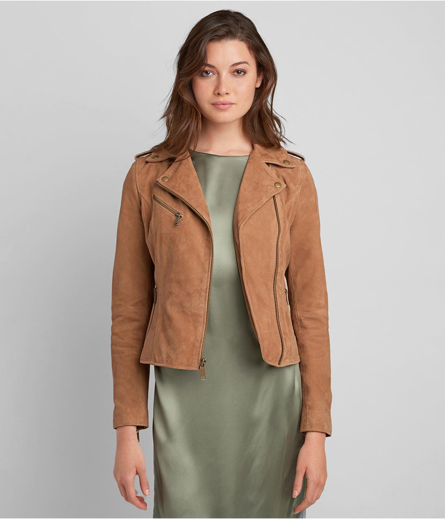 Tan Brown Suede Moto Jacket for Women