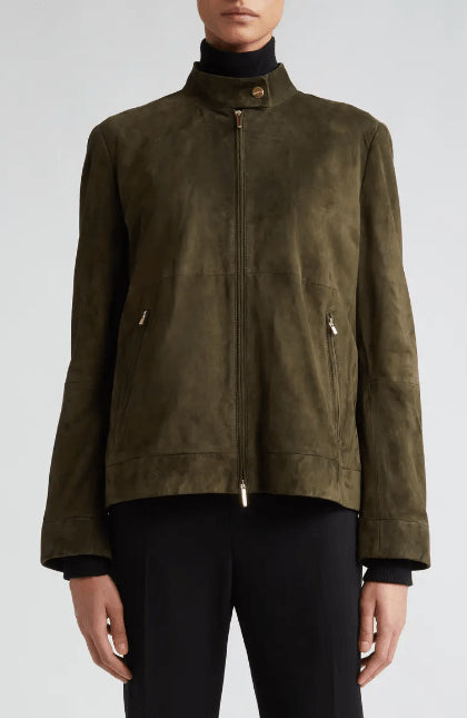 Khaki Suede Leather Motorcycle Jacket for Women
