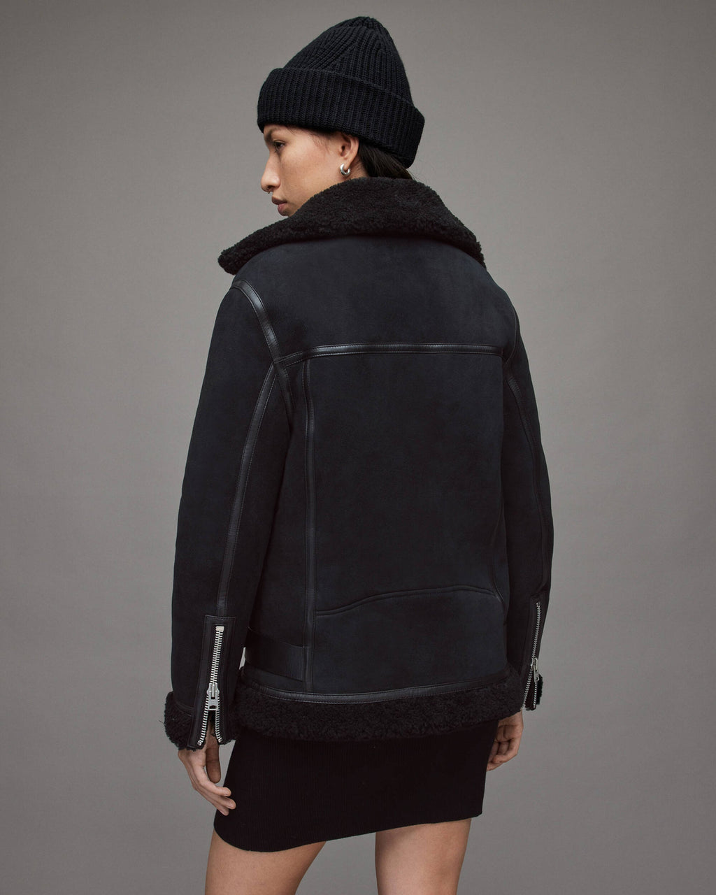 Black Suede Shearling Biker Jacket for Women