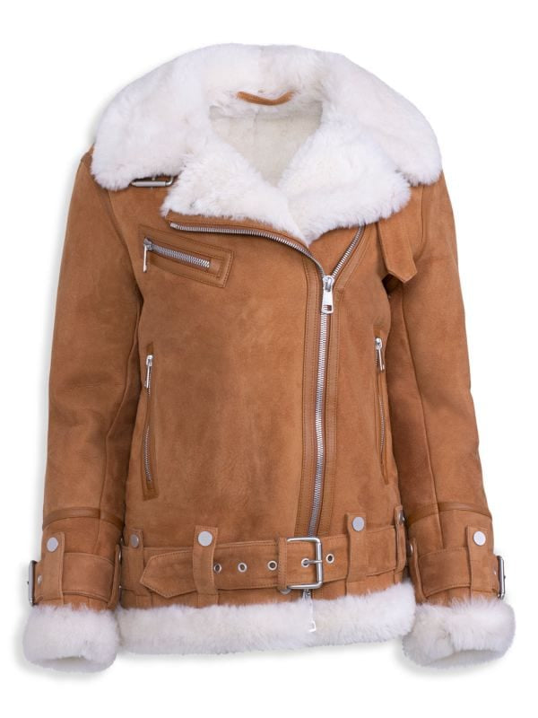 Women's Brown Suede Shearling Biker Jacket with Belt