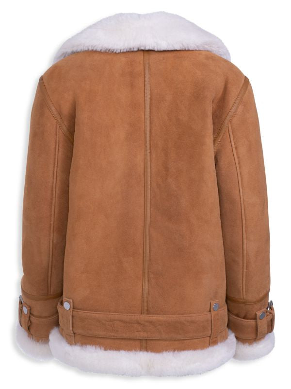 Women's Brown Suede Shearling Biker Jacket with Belt
