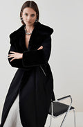 Black Women's Suede Shearling Coat with Fur Collar – Elegant & Warm