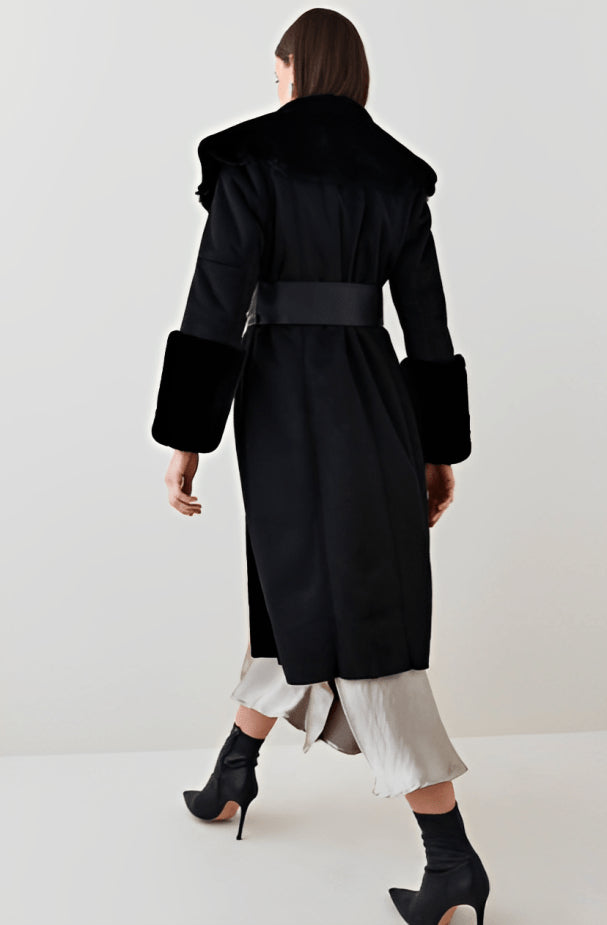 Black Women's Suede Shearling Coat with Fur Collar – Elegant & Warm