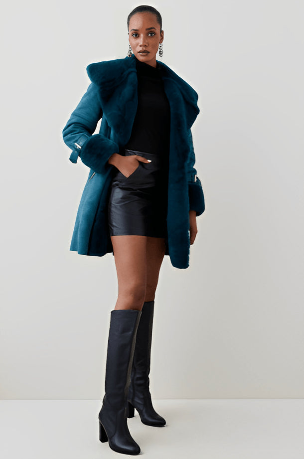Women's Royal Blue Suede Shearling Leather Coat – Chic & Warm