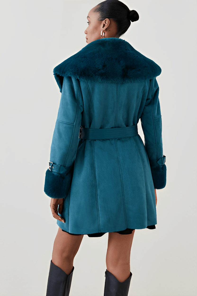 Women's Royal Blue Suede Shearling Leather Coat – Chic & Warm