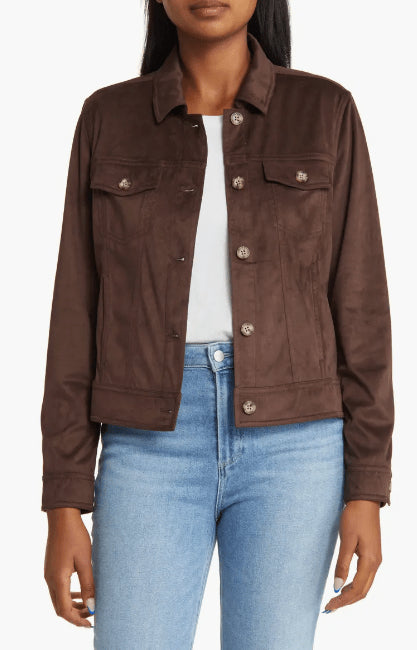 Coffee Brown Suede Leather Trucker Jacket for Women