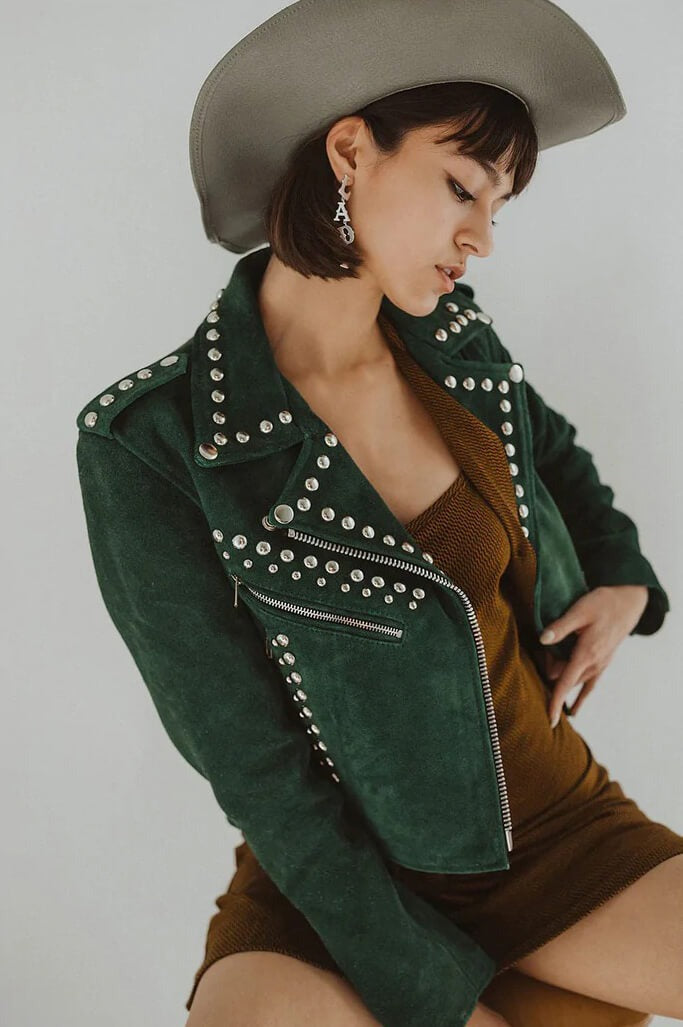 Women's Green Suede Studded Leather Jacket